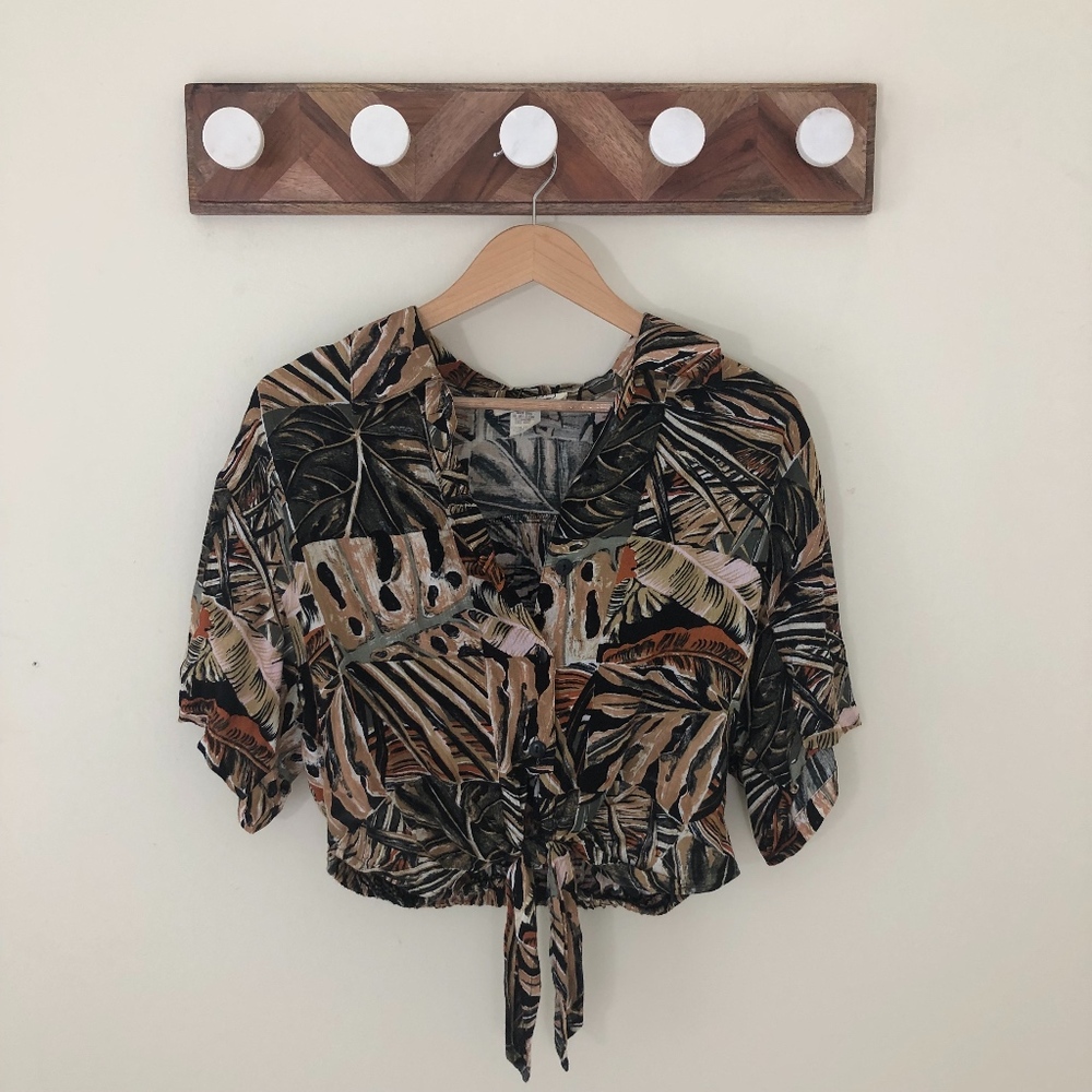 Vintage Tropical Crop Tie Shirt Sz M